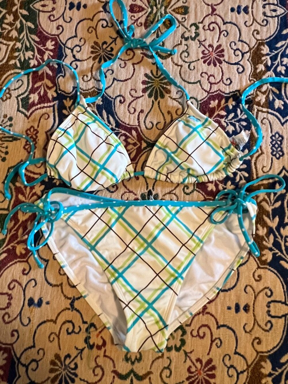 ROXY BIKINI Swimsuit, Pacsun, Beautiful Plaid 2 Piece Large Top & XL Bottoms - Picture 1 of 8